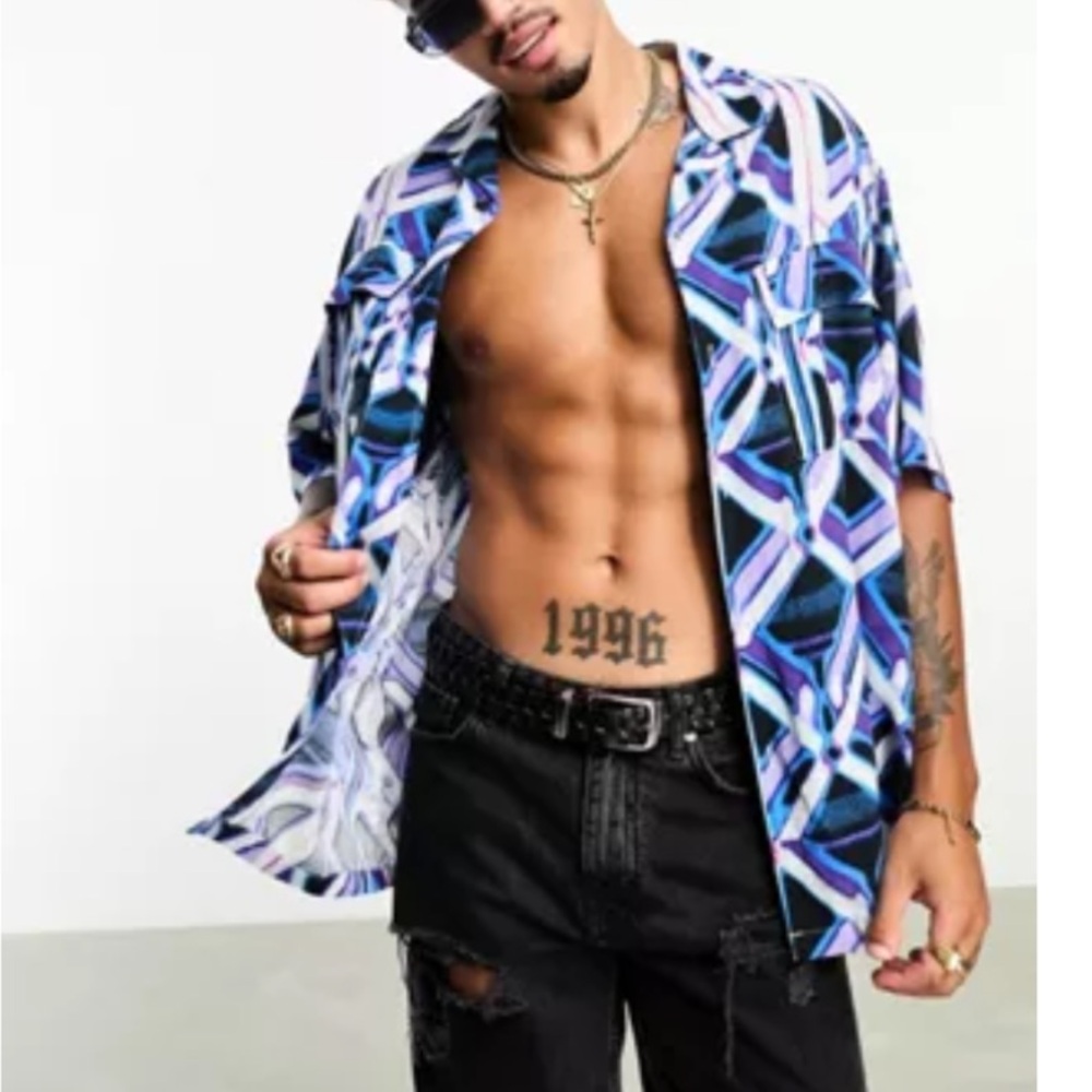 Men’s retro geo print short sleeve shirt 90s Y2K retro grunge